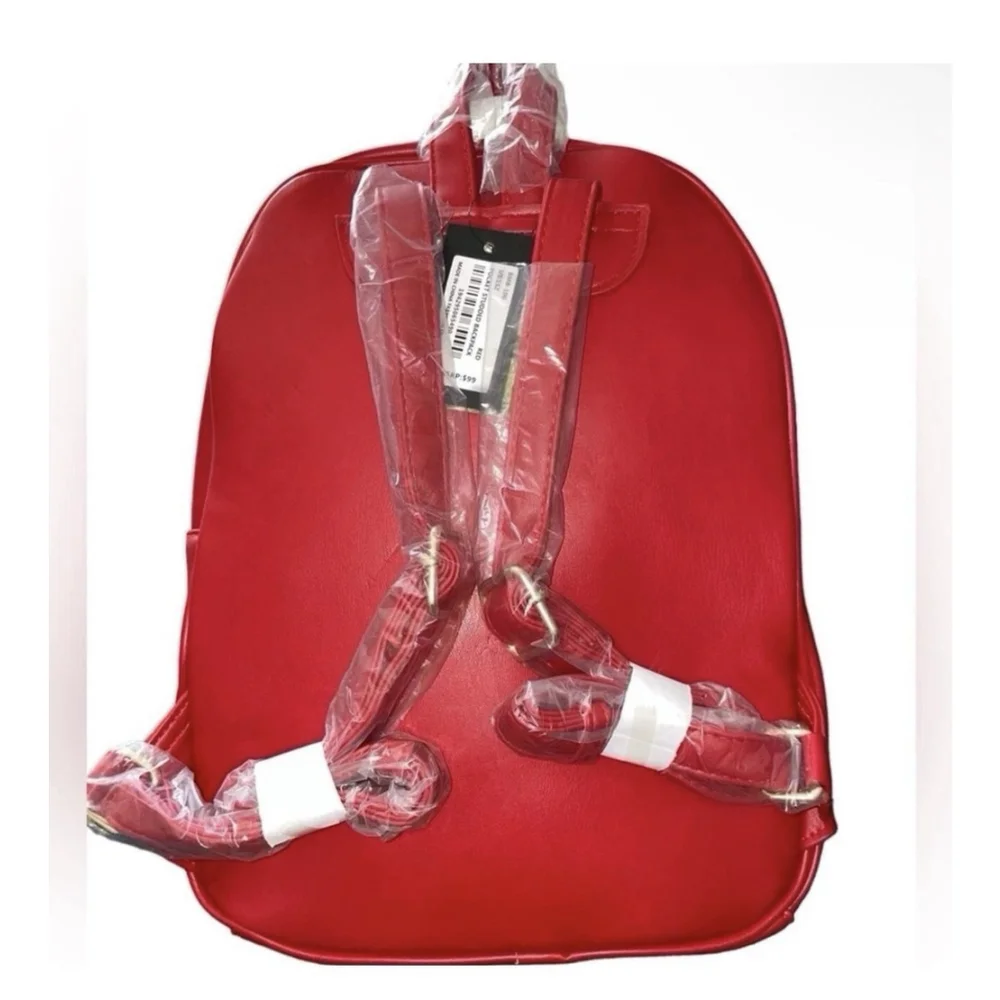 Badgley Mischka Red Vegan Leather Backpack Gold Studded Diamond Quilted NWT